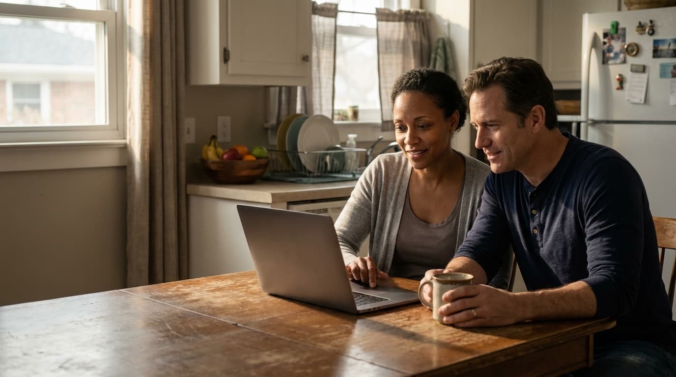 Couple reviewing information together on a laptop at home