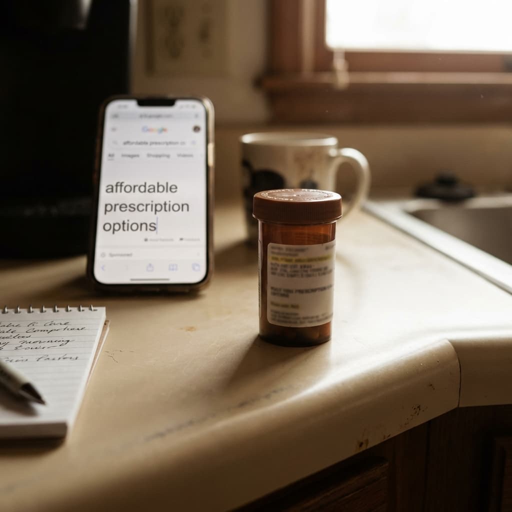 Prescription bottle next to a phone used for savings research