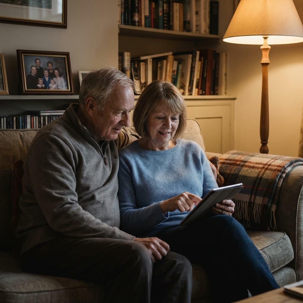 Senior couple reviewing information together on a couch