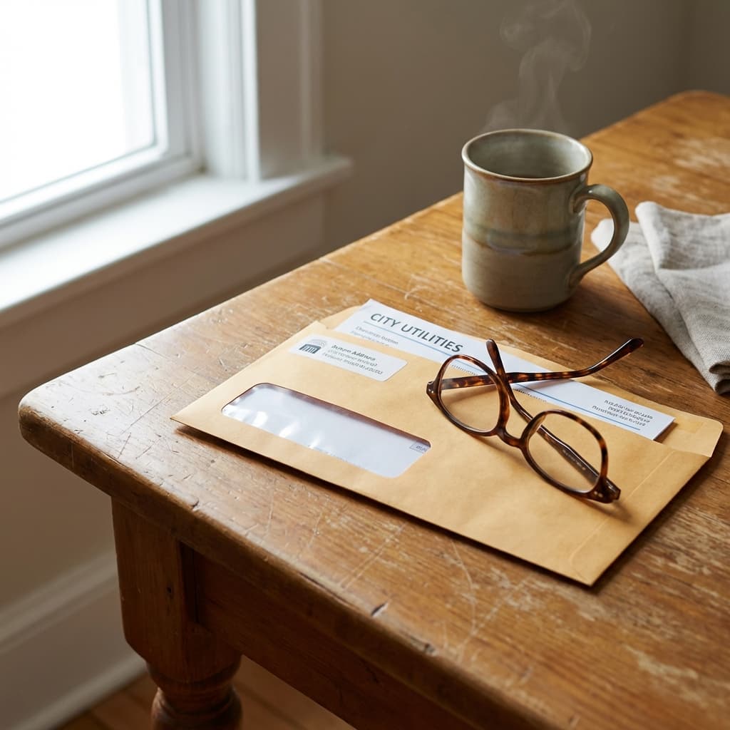 Utility bill envelope on a wooden table beside reading glasses