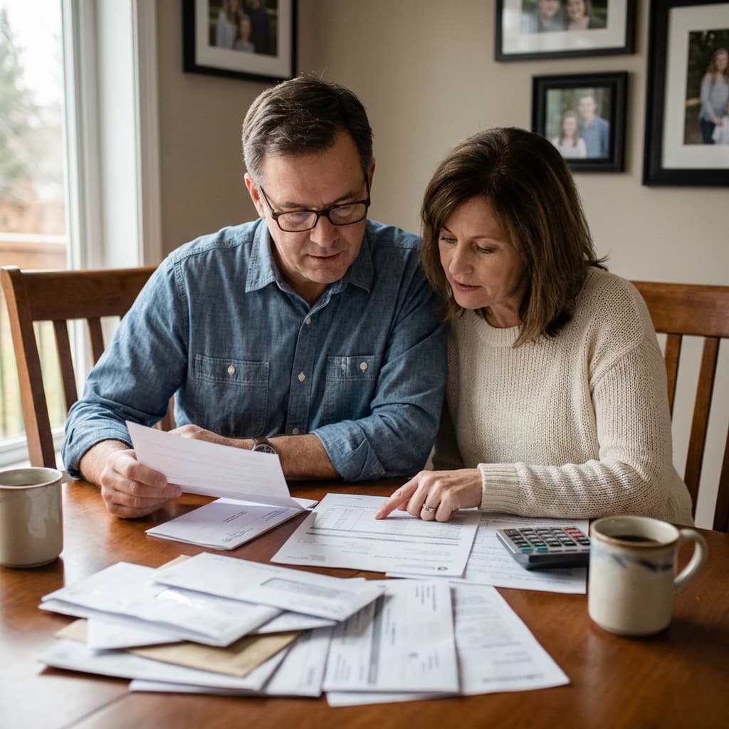 Debt paperwork spread across a dining table