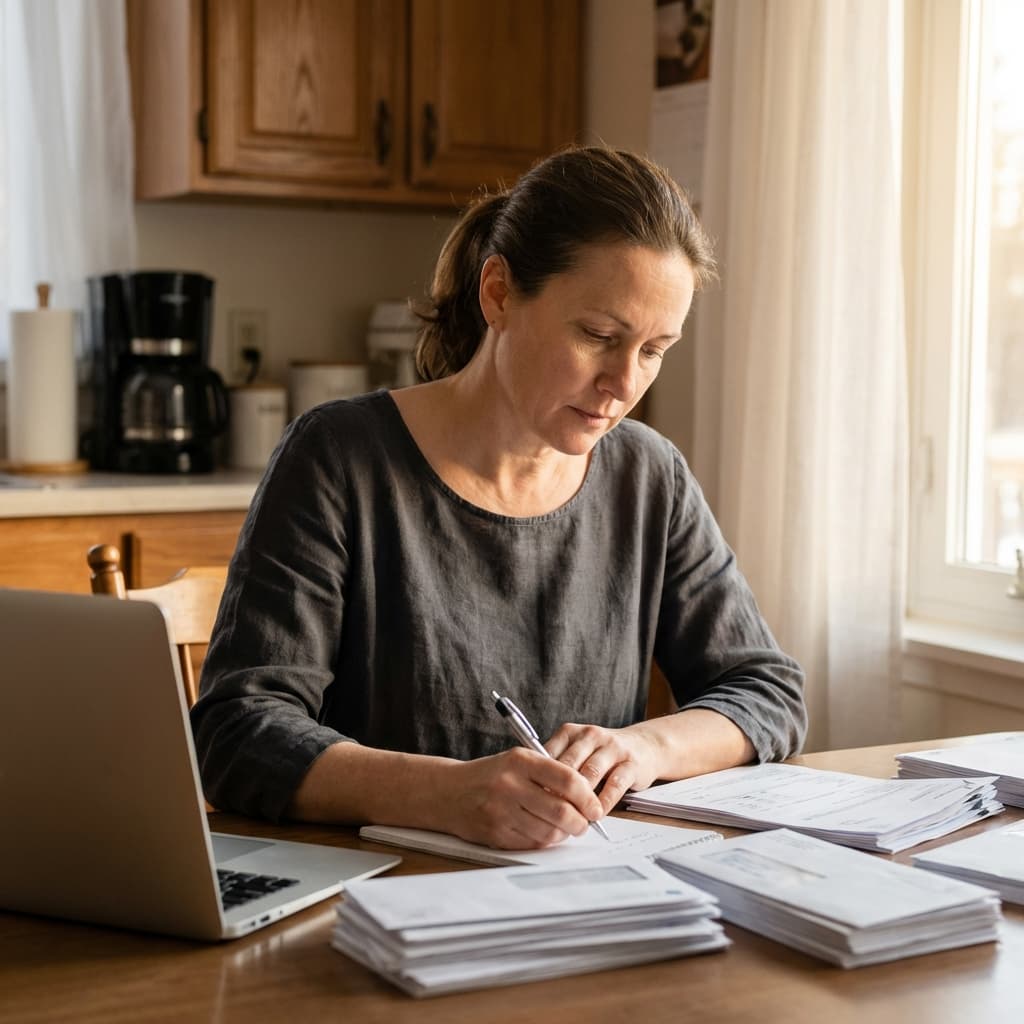 Woman organizing bills and papers at a kitchen table