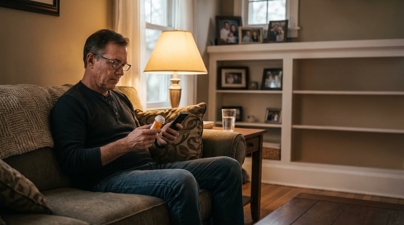 Man researching healthcare savings from a couch with his phone