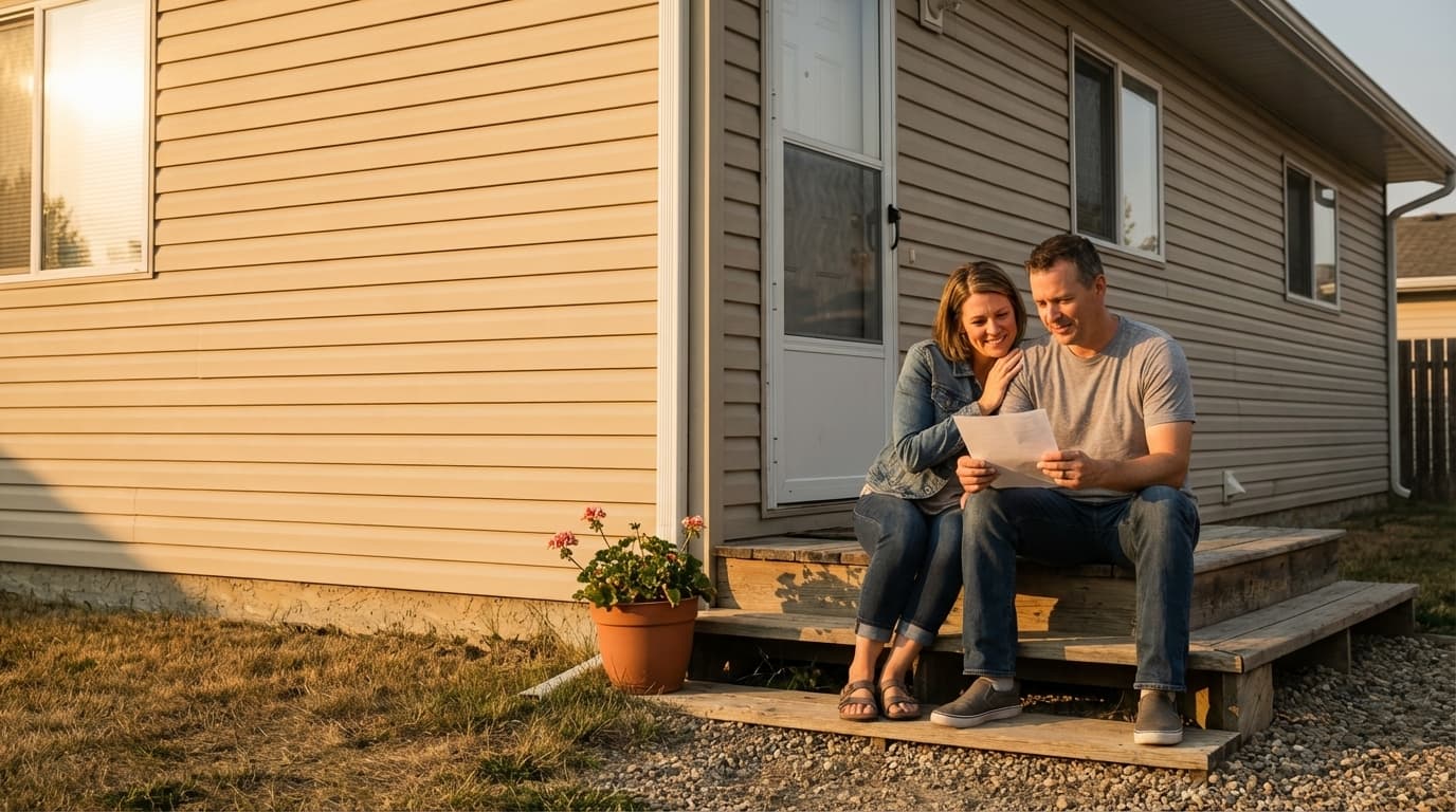 Couple on a front porch reviewing a letter together