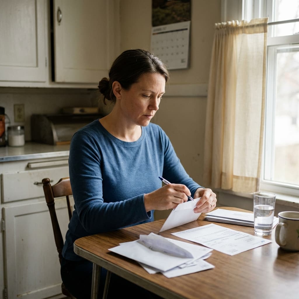 Woman reviewing housing paperwork at a kitchen table
